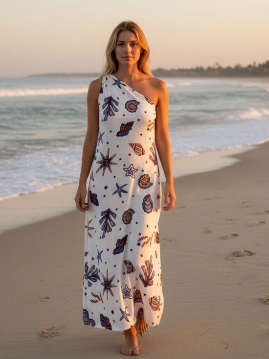 C&C California Dresses & Skirts - 🍾NWT C&C California One-Shoulder White Maxi Dress w/Nautical Shell Print, Size L